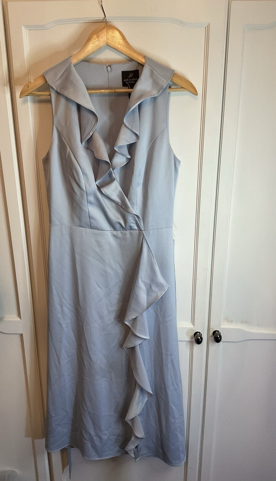 ADRIANNA PAPELL Women's Ruffled Faux-Wrap Midi Dress 8 Opal Surplice V-neckline4