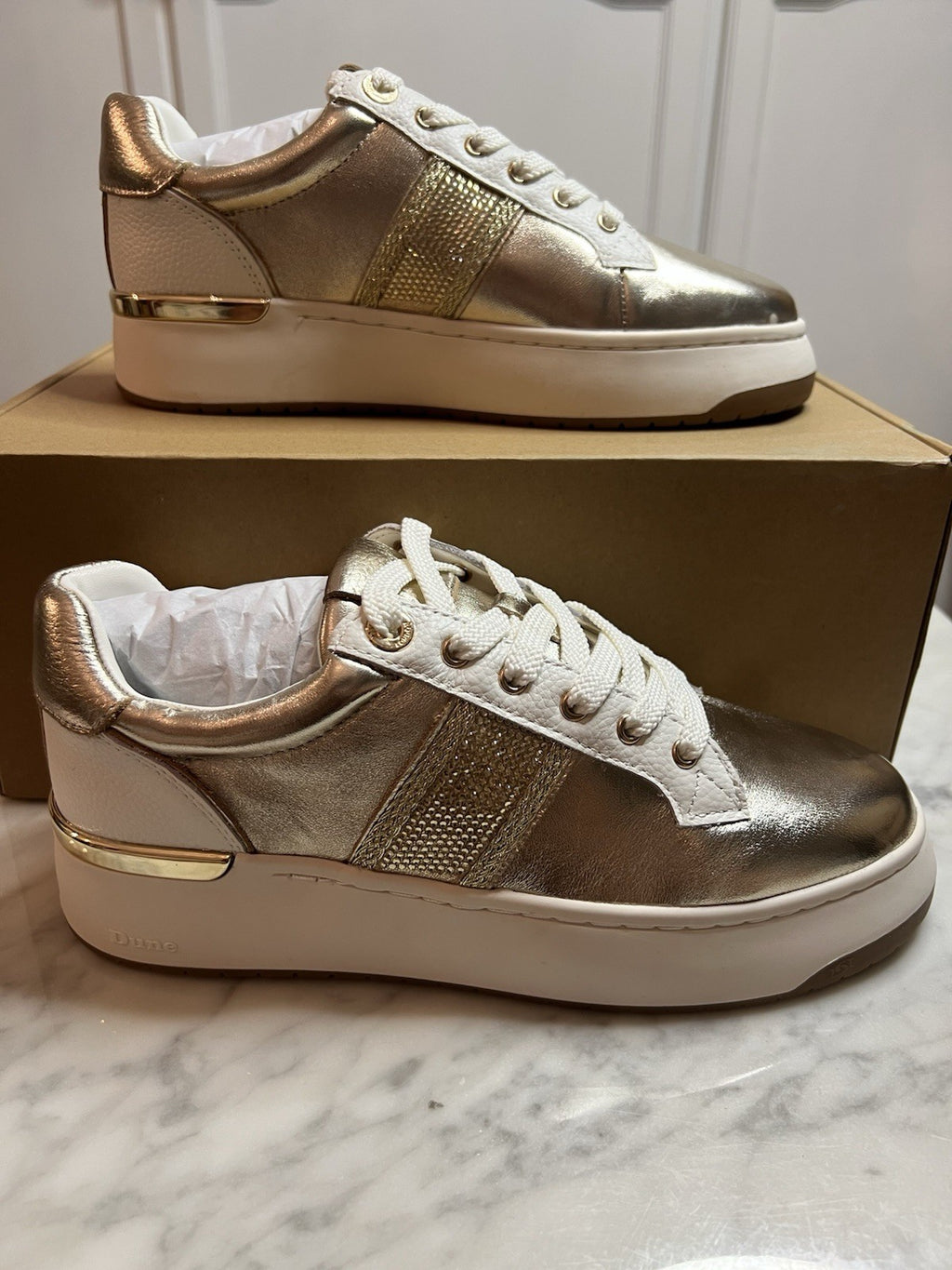 Dune London Emeelia Gold Metallic Leather Trainers Uk4 RRP £99 Sold Out Bnib New2