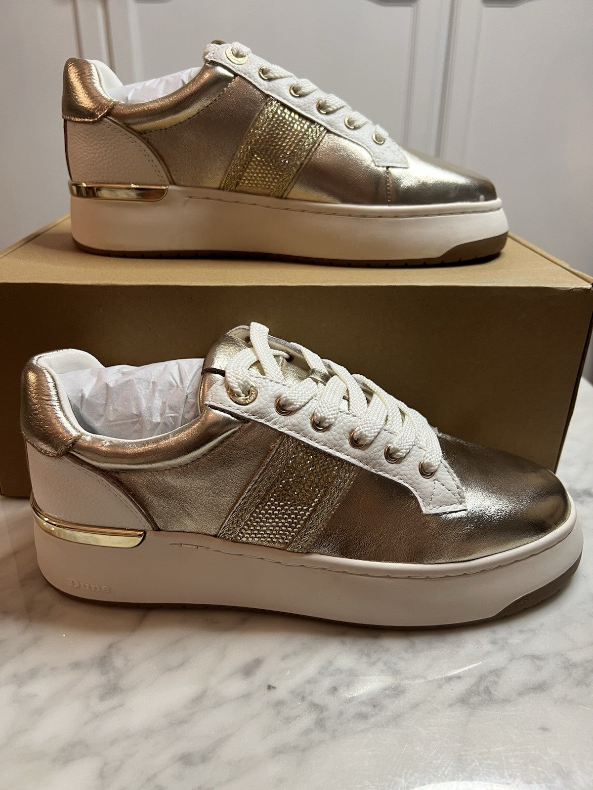 Dune London Emeelia Gold Metallic Leather Trainers Uk4 RRP £99 Sold Out Bnib New2