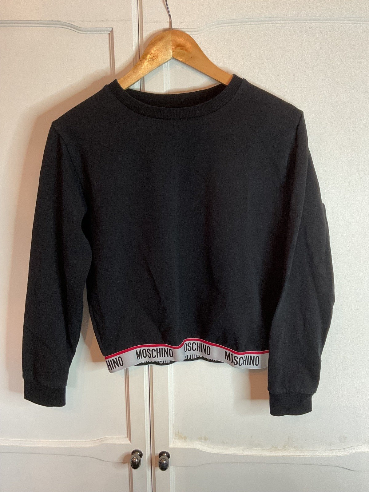 MOSCHINO Sweatshirt Womens Logo Tape Crew Neck Long Sleeve Black Size XS0