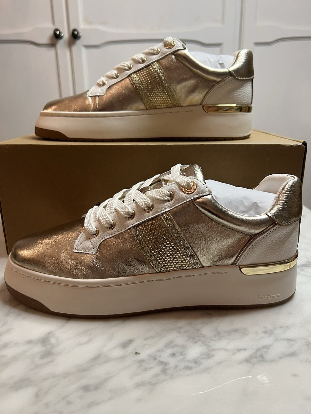 Dune London Emeelia Gold Metallic Leather Trainers Uk4 RRP £99 Sold Out Bnib New0