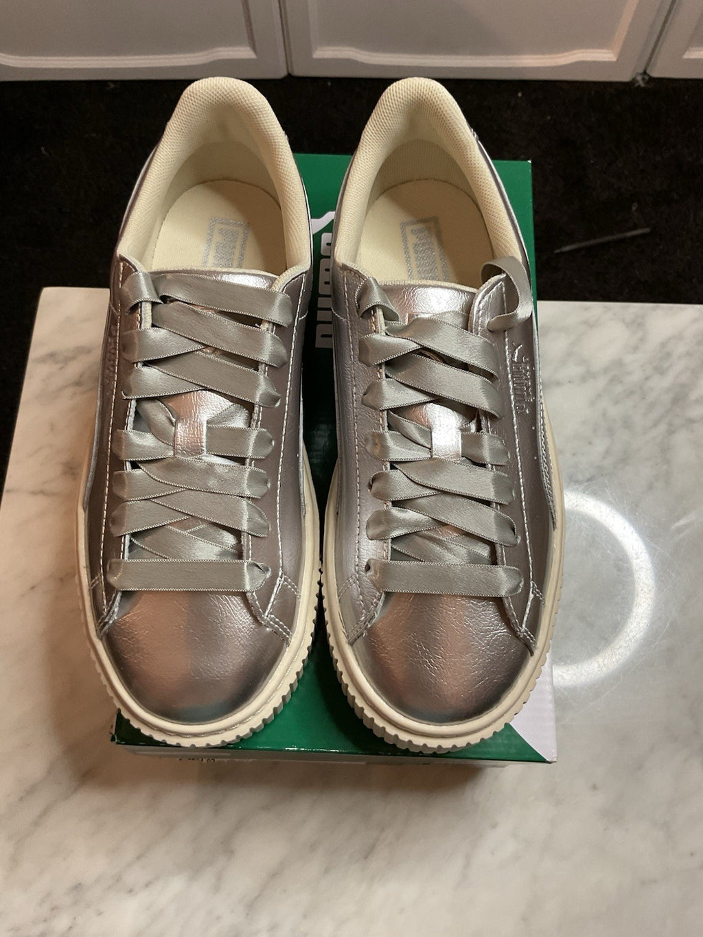 PUMA Basket Platform Metallic Silver JR Silver-Oatmeal Uk4.5 Eu 35.5 Bnib7