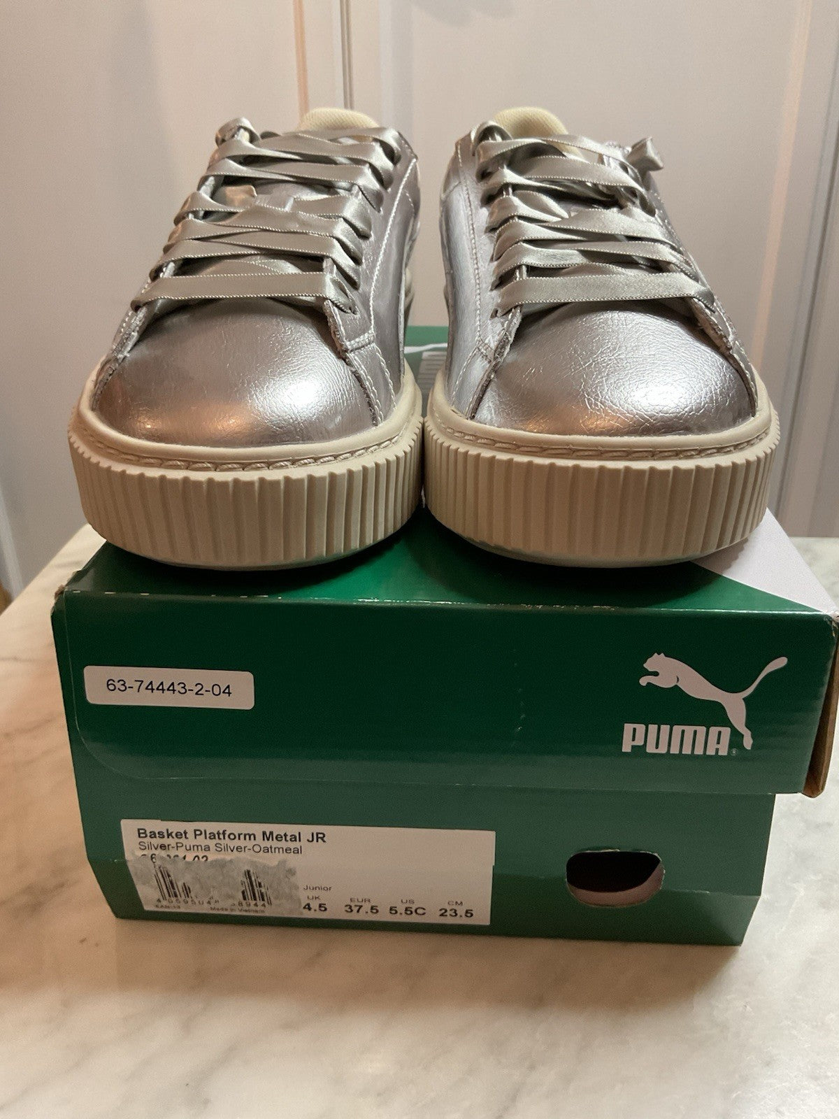 PUMA Basket Platform Metallic Silver JR Silver-Oatmeal Uk4.5 Eu 35.5 Bnib4