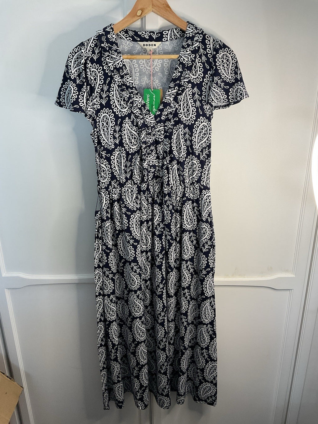 Boden Nicola Tea Dress Paisley Heart Size 10R Navy White Rrp £98.00 Bnwt0