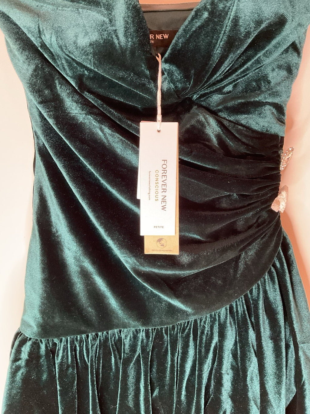Forever New Petite velvet bubble hem mini dress with heart diamante in emerald 4