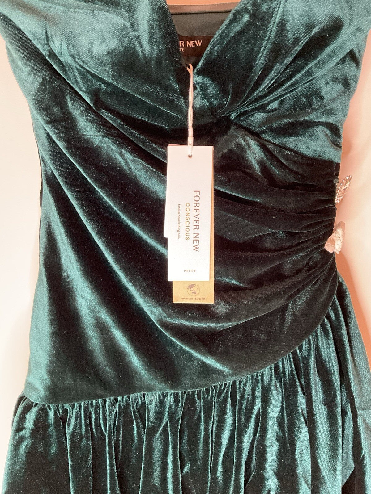 Forever New Petite velvet bubble hem mini dress with heart diamante in emerald 4