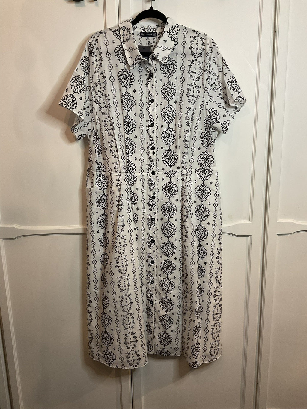 New M&S Collection Paisley Ivory Mix Cotton Shirt Midi Dress Size 24 Rrp £49.500