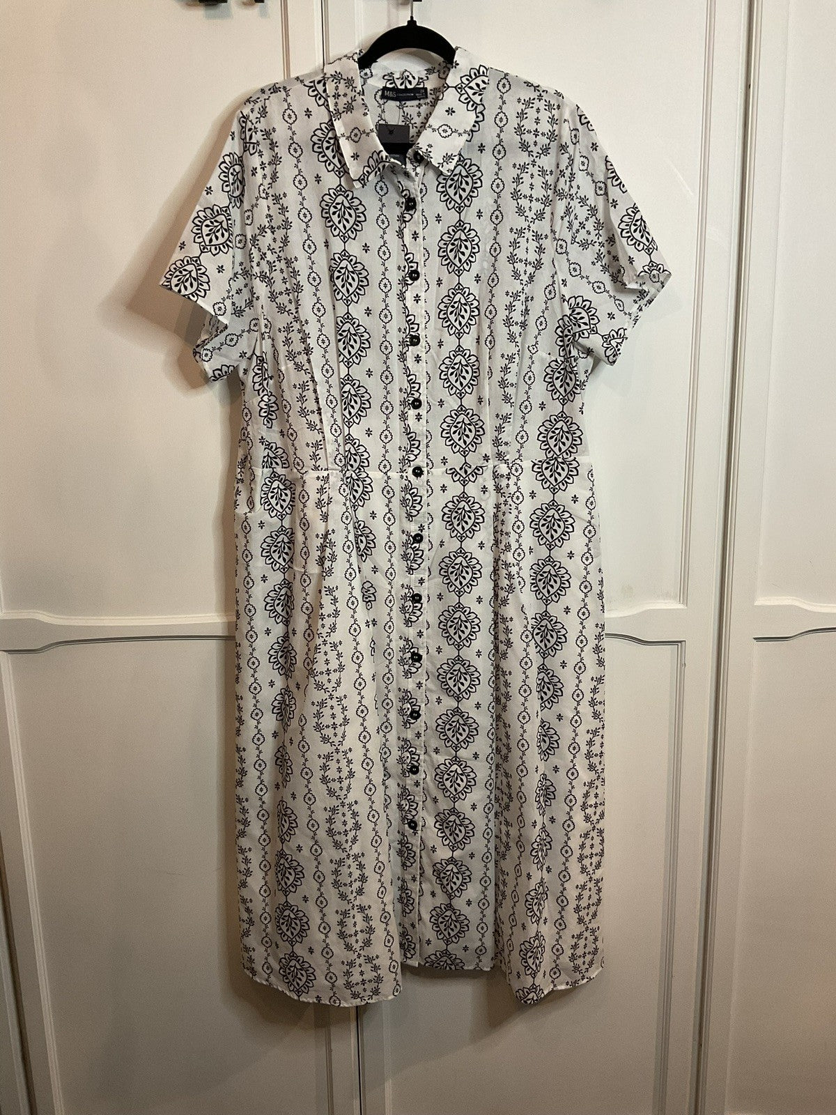 New M&S Collection Paisley Ivory Mix Cotton Shirt Midi Dress Size 24 Rrp £49.500