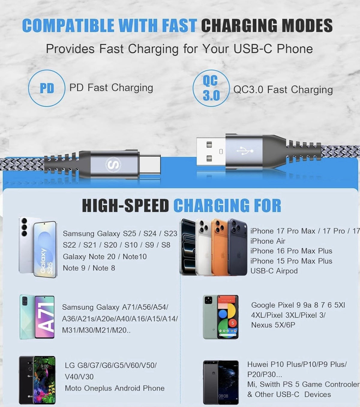 Avibrex 2-Pack 2M Braided Tangle Free Fast Charging Cable USB-A To USB-C5