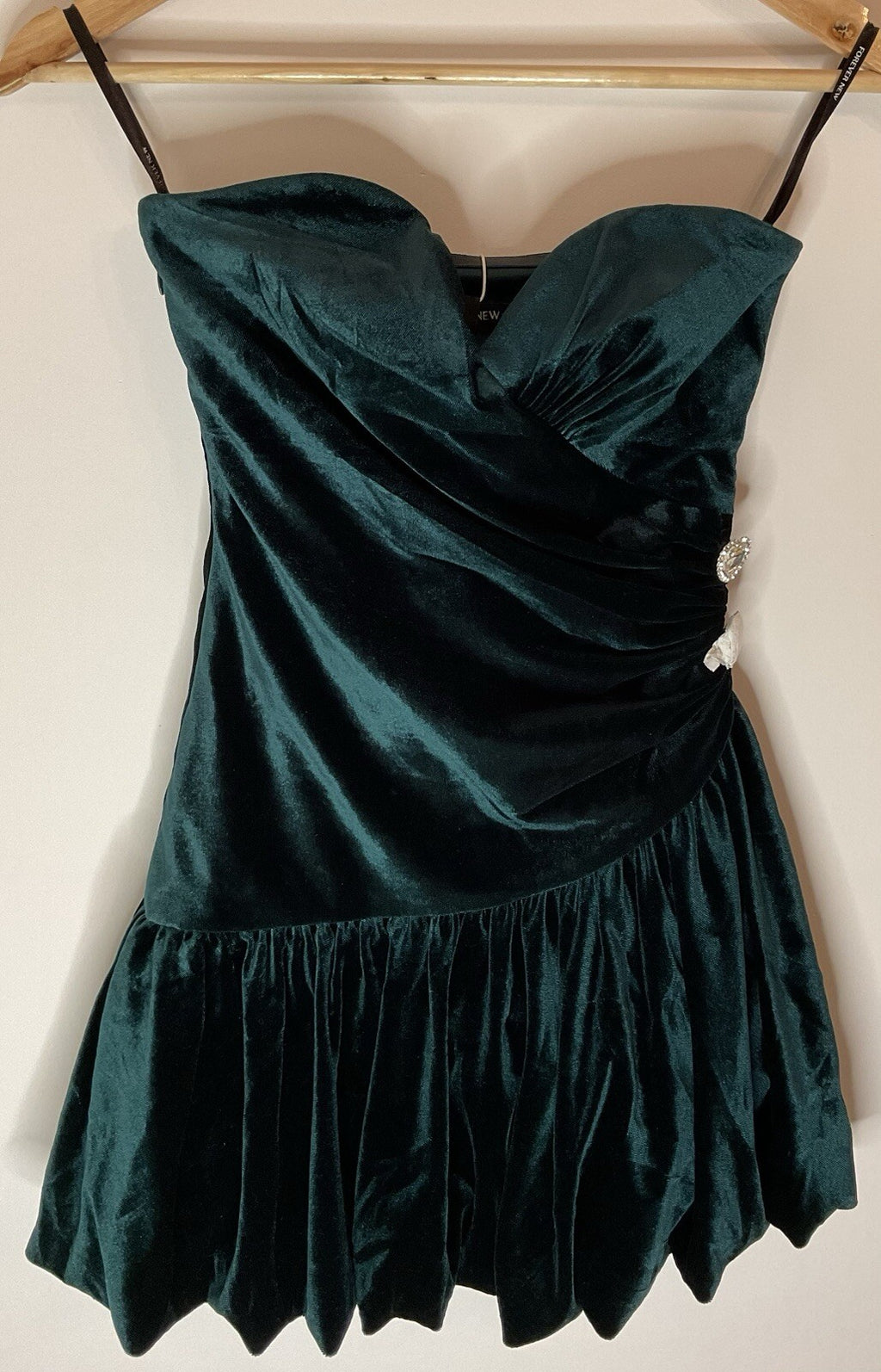 Forever New Petite velvet bubble hem mini dress with heart diamante in emerald 1