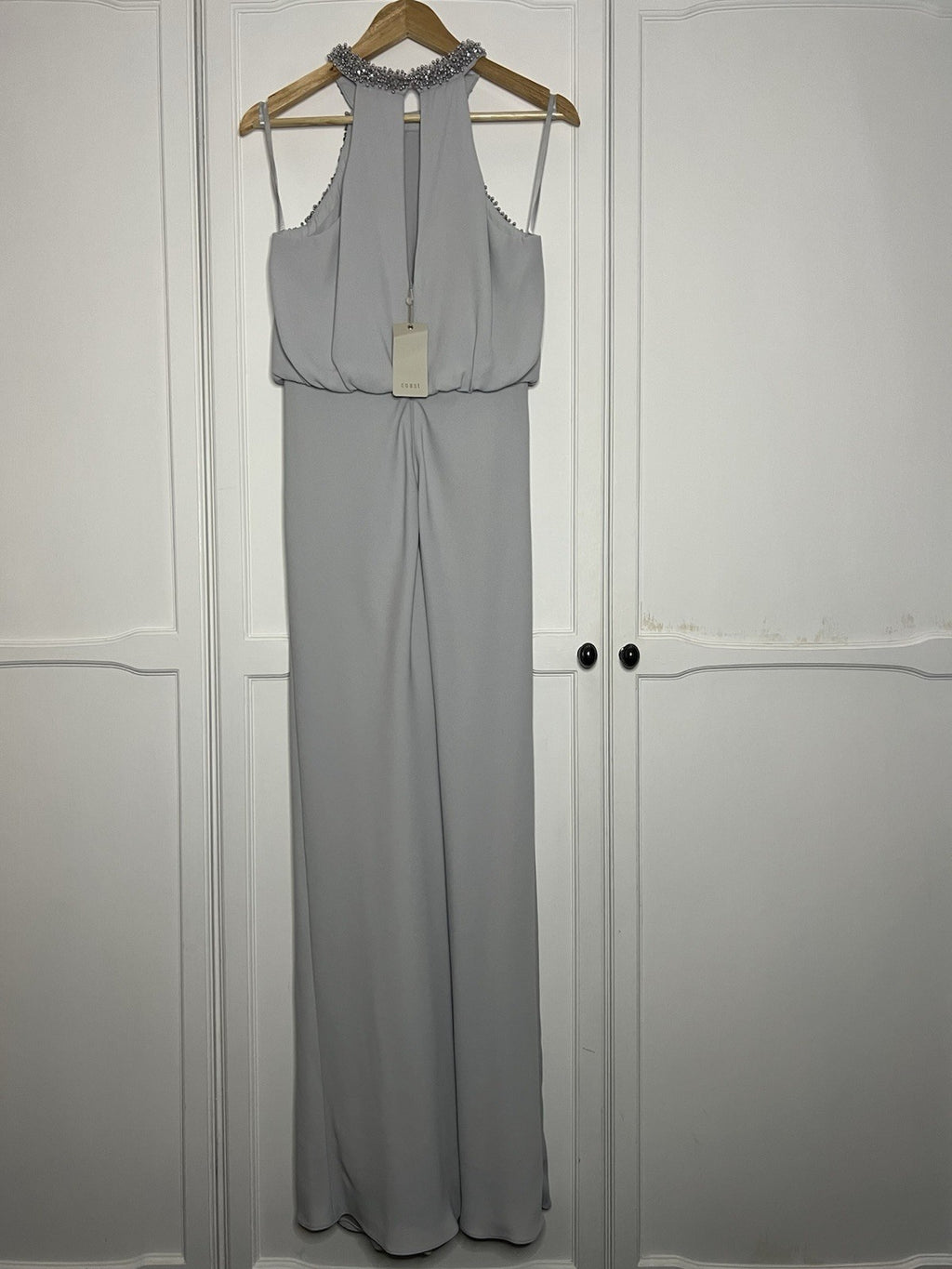 Stunning Coast Halter Neck Dress Light Grey Embellished Size 12 Bnwt rrp £149.001