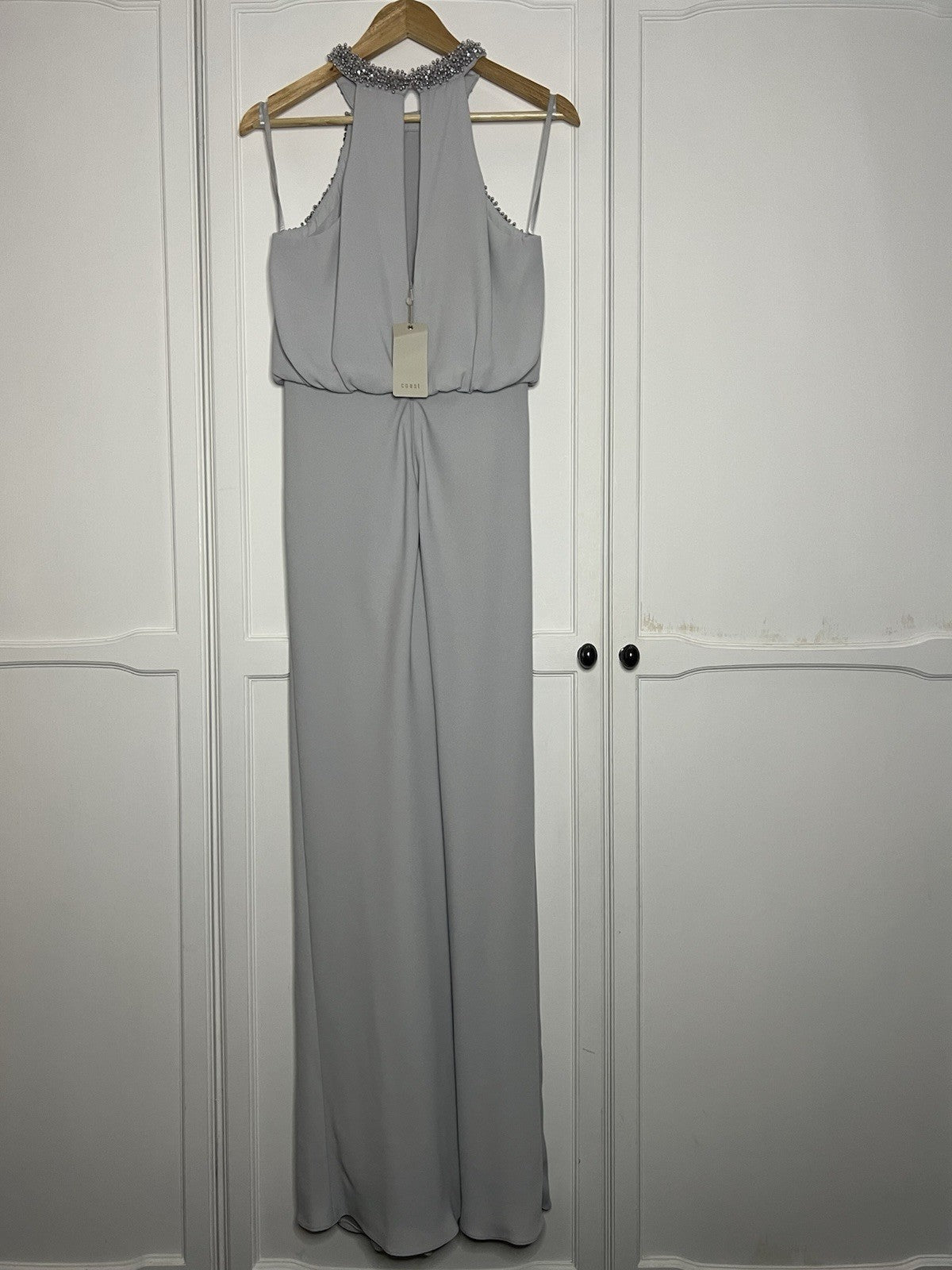 Stunning Coast Halter Neck Dress Light Grey Embellished Size 12 Bnwt rrp £149.001