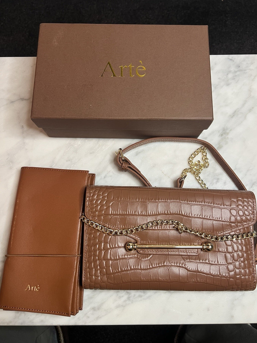 Arte Brown Leather Multrees Croc Effect Chain Purse & Wallet Brand New Boxed0