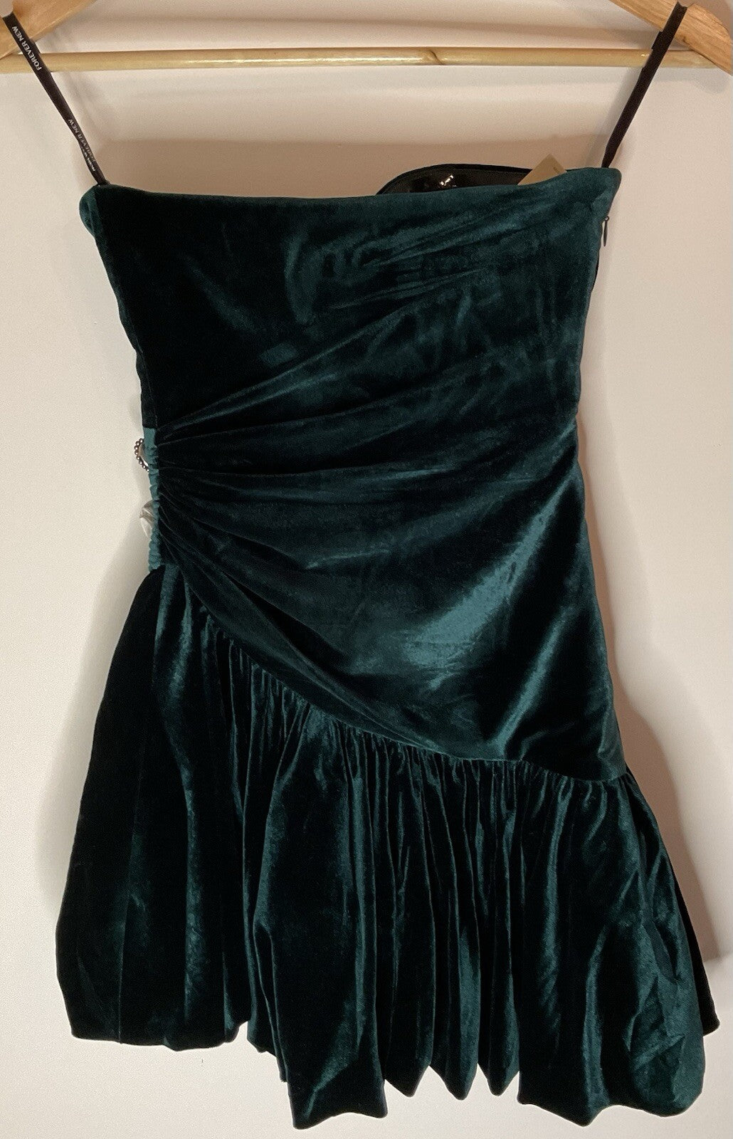 Forever New Petite velvet bubble hem mini dress with heart diamante in emerald 2