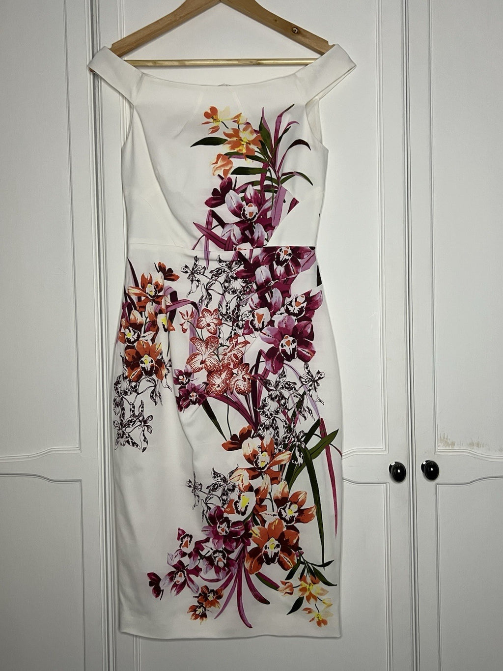 Karen Millen Ivory Orchid Floral Stretch Dress Size 10 RRP £170 Wedding Occasion0