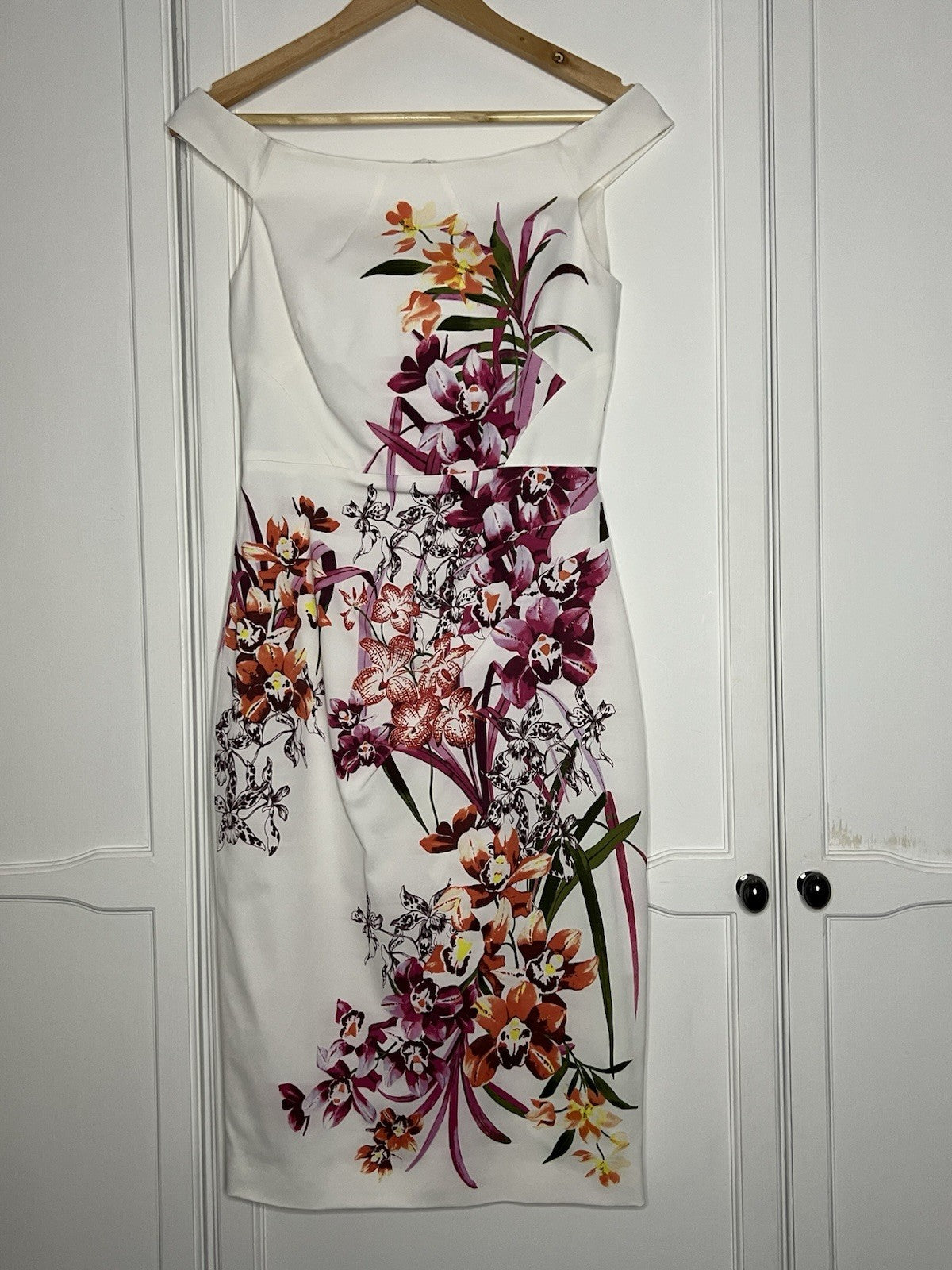 Karen Millen Ivory Orchid Floral Stretch Dress Size 10 RRP £170 Wedding Occasion0