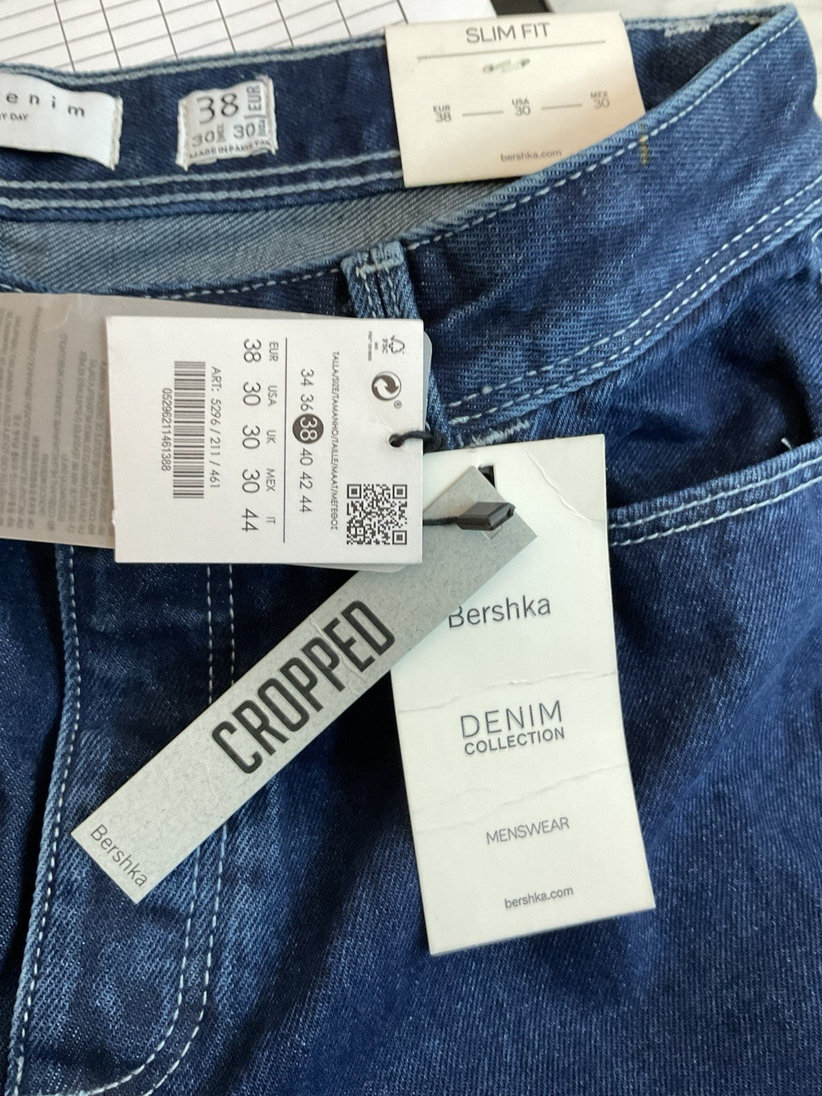 Bershka Men's Denim Jeans Cropped Slim Fit Uk 30 Eu 38 5296/211/461 Blue Bnwt2