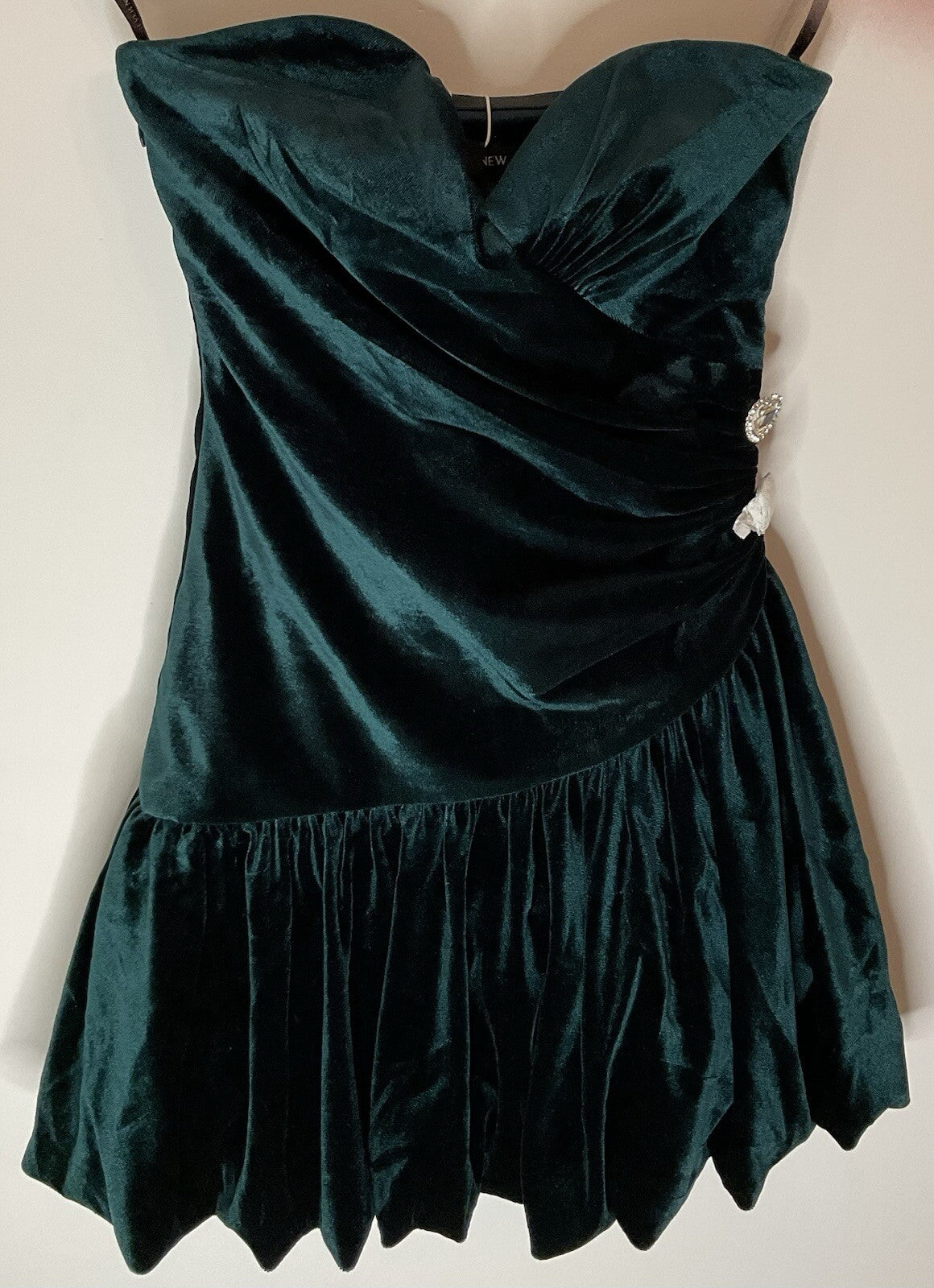 Forever New Petite velvet bubble hem mini dress with heart diamante in emerald 0