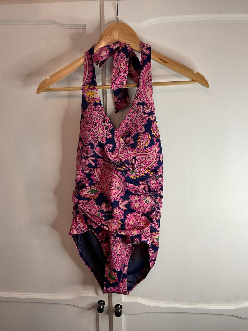 BODEN Levanzo Ruched Halter Swimsuit Navy Paisley Terrace UK 6 R RRP £75 bnwt0