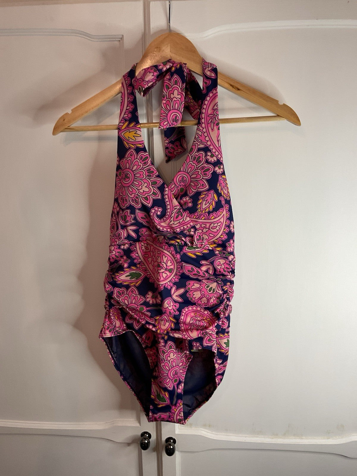 BODEN Levanzo Ruched Halter Swimsuit Navy Paisley Terrace UK 6 R RRP £75 bnwt0