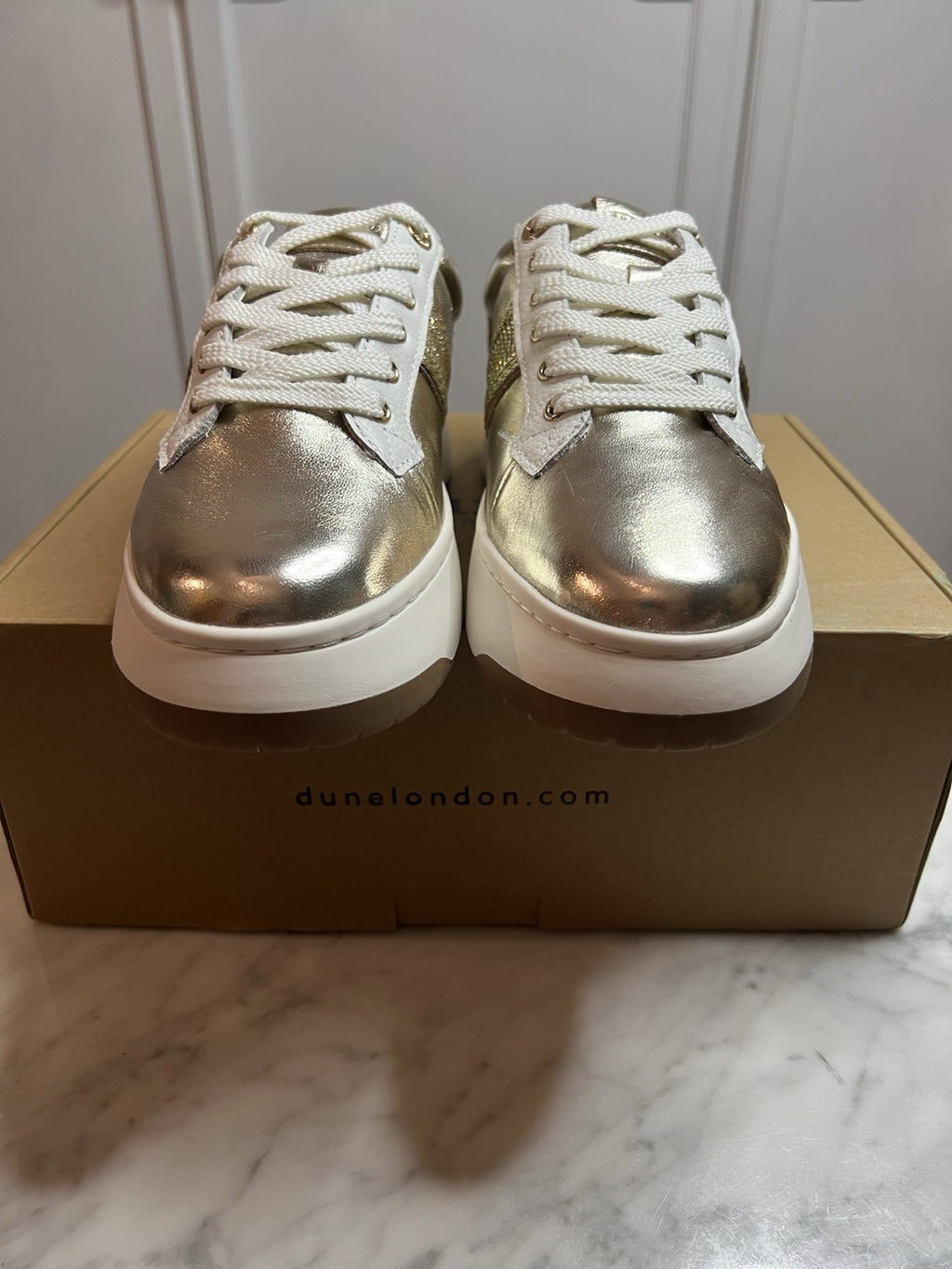 Dune London Emeelia Gold Metallic Leather Trainers Uk4 RRP £99 Sold Out Bnib New1