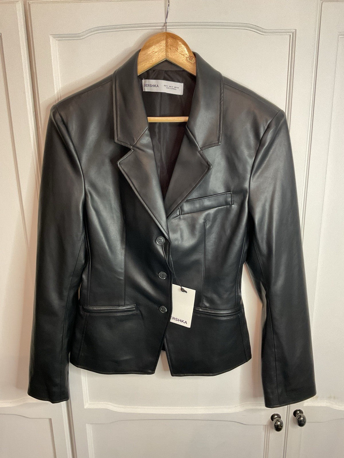 Bershka Black Leather Look Blazer Jacket Size Euro Small Bnwt0