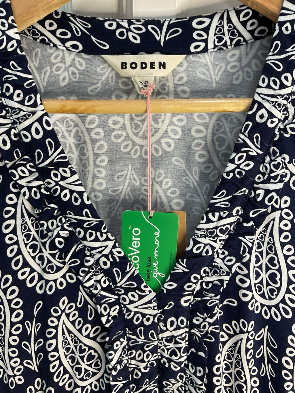 Boden Nicola Tea Dress Paisley Heart Size 10R Navy White Rrp £98.00 Bnwt2