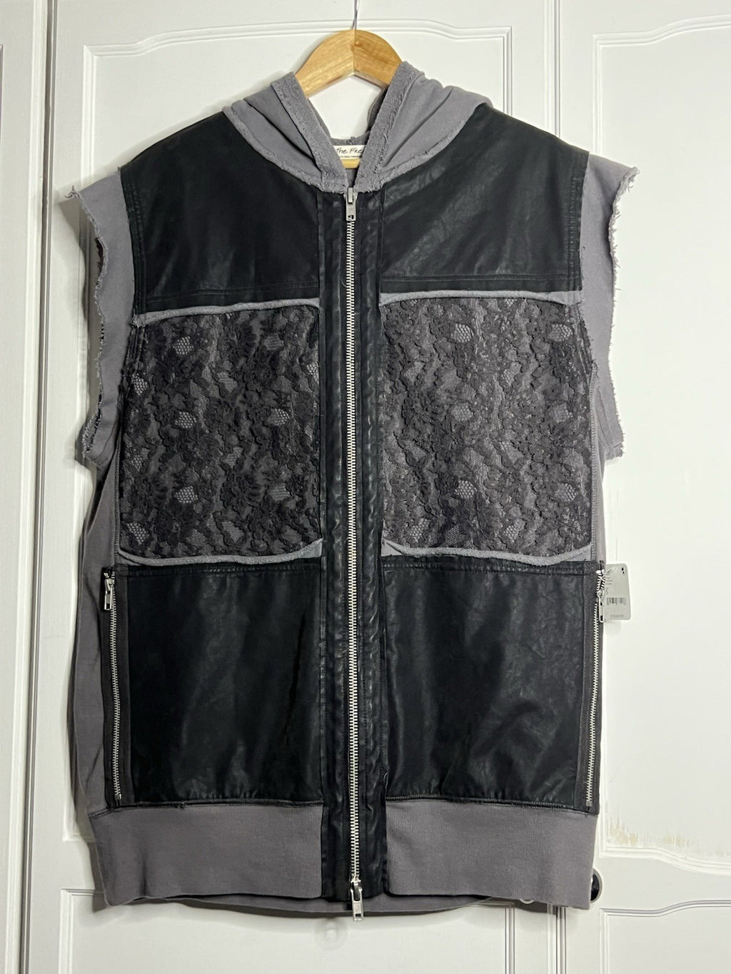 We The Free People Rat Pack Black Vegan Leather Lace Zip Knit Hoodie Vest bnwt 0