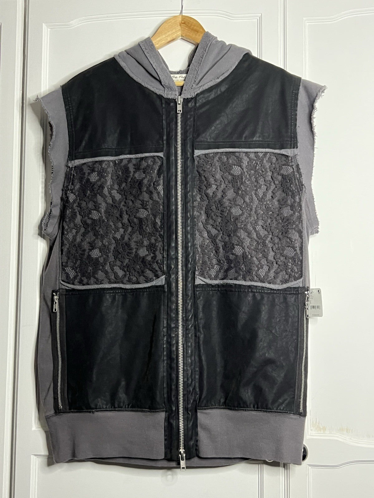 We The Free People Rat Pack Black Vegan Leather Lace Zip Knit Hoodie Vest bnwt 0